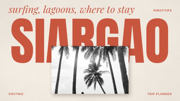 Siargao: surfer standing among palm trees looking at the sea (Dapa, Philippines)