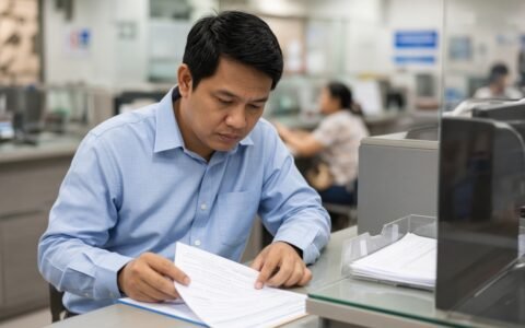 Pag-IBIG Multi-Purpose Loan eligibility — Filipino worker reviewing Pag-IBIG loan forms at a service counter.