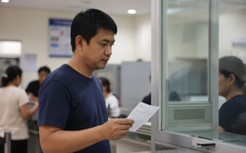 PhilSys National ID registration — Applicant reviewing a PhilSys transaction slip at a registration window.