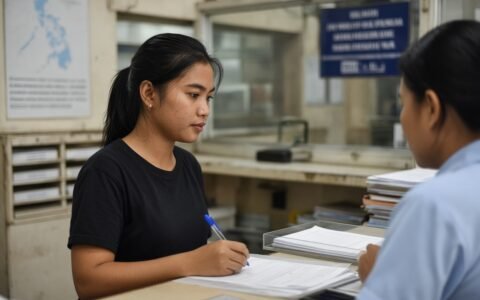 Postal ID application — Applicant filling a Postal ID form at a Philippine post office counter.