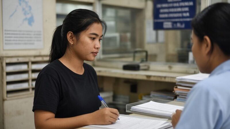 Postal ID application — Applicant filling a Postal ID form at a Philippine post office counter.
