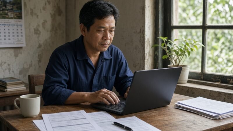 MySSS card UMID — Member checking SSS records on a laptop.