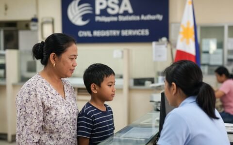 PSA birth certificate online — Parent and child at a PSA civil registry counter.