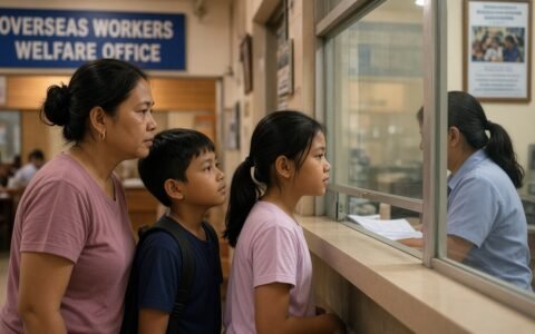 OWWA membership — Family at an overseas workers welfare office window.